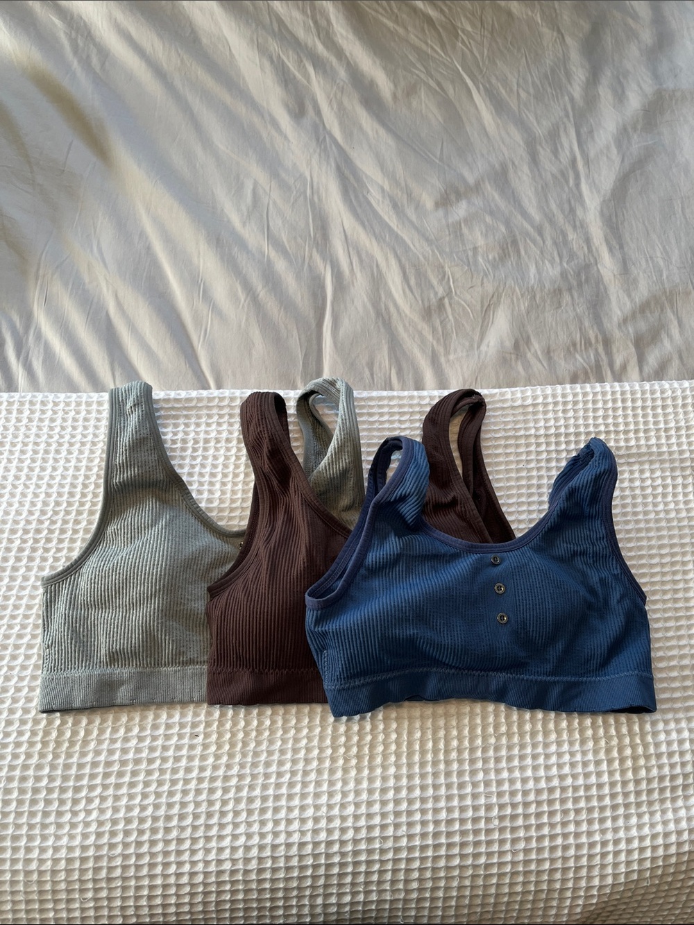 Lucky Brand Ribbed Sports Bra Trio in Blue, Brown, and Gray